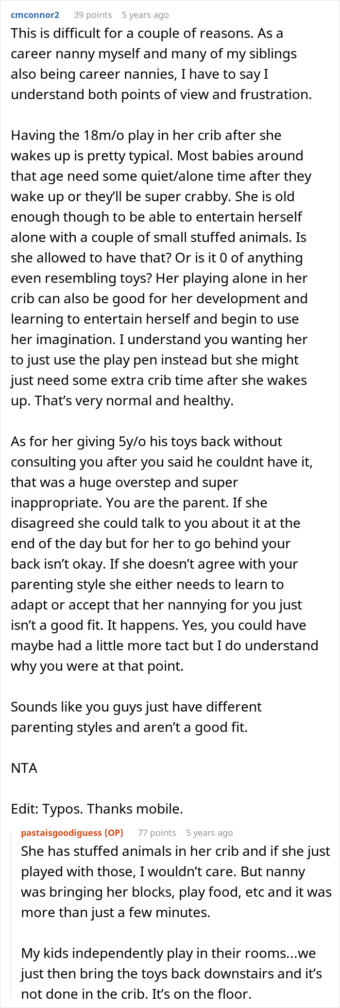 Mom reminds nanny about employer boundaries. Comment discusses nanny violating boundaries and parenting.