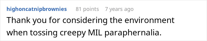 A screenshot of a concise comment about tossing crazy MIL paraphernalia.