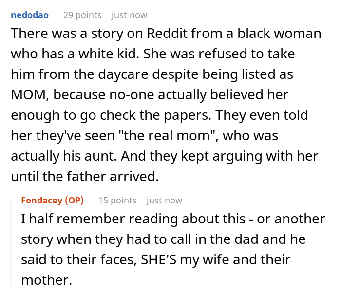 A mixed-race mom invents family scandals, recalling a story about a black woman being refused her white blue-eyed kid from daycare. A mixed-race mom invents family scandals, recalling a story about a black woman being refused her white blue-eyed kid from daycare.
