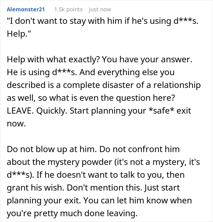 A comment advises the bride-to-be to plan a safe exit from her fiancé after finding mystery powder in his pocket. A comment advises the bride-to-be to plan a safe exit from her fiancé after finding mystery powder in his pocket.