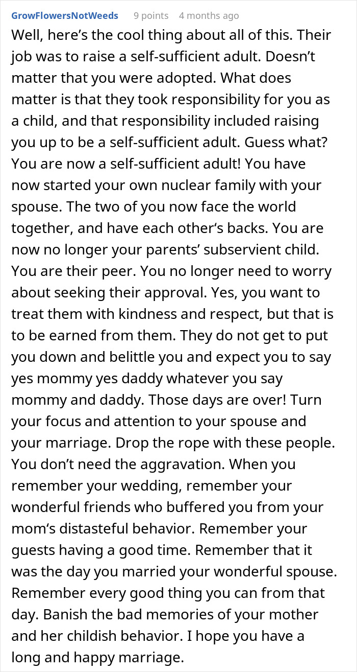 A screenshot of a comment from GrowFlowersNotWeeds about a mom taking over her daughter's wedding.