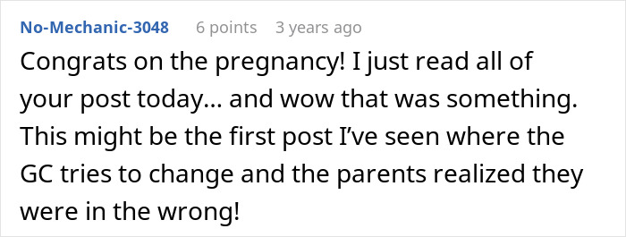 A comment congratulating the pregnancy and noting a rare instance of a general counsel changing after an entitled man's proposal.