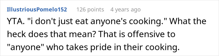 A comment on a forum about a woman refusing to eat at MIL's home, stating it's offensive to refuse anyone's cooking.