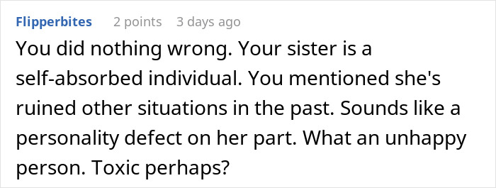 A comment describing a teen sister as self-absorbed, ruining a woman's birthday dinner.