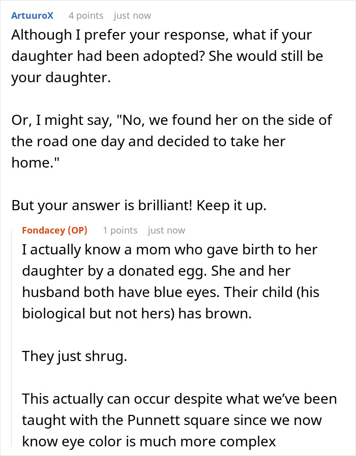 More Reddit comments with alternative responses for a mixed-race mom explaining her blue-eyed kid. More Reddit comments with alternative responses for a mixed-race mom explaining her blue-eyed kid.