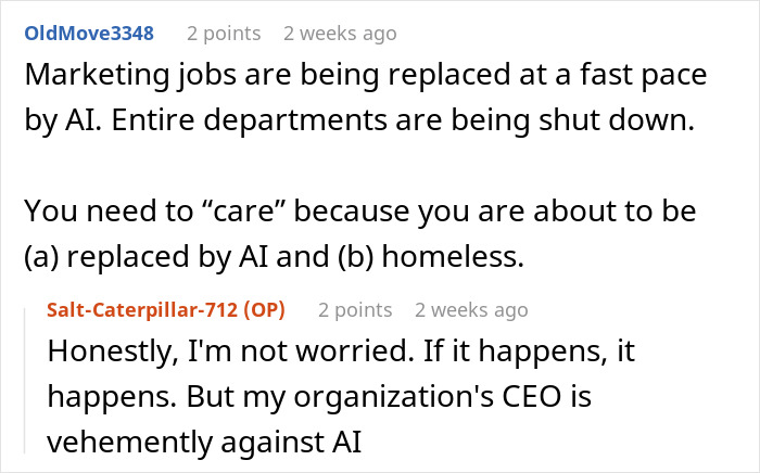 A woman discusses her extremely easy job and salary on a forum, with a user commenting on AI replacing marketing jobs. A woman discusses her extremely easy job and salary on a forum, with a user commenting on AI replacing marketing jobs.