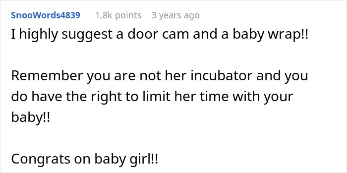 A Reddit comment suggests a door cam and baby wrap, advising to limit FMIL time with the baby. A Reddit comment suggests a door cam and baby wrap, advising to limit FMIL time with the baby.