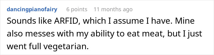 A comment suggests ARFID in relation to a teen forced to eat what she doesn't want, affecting meat consumption. A comment suggests ARFID in relation to a teen forced to eat what she doesn't want, affecting meat consumption.