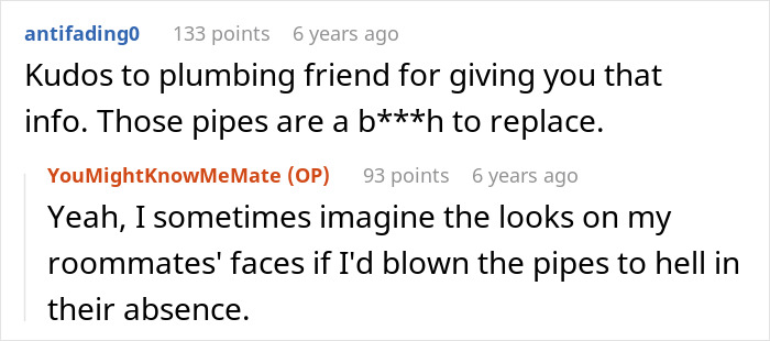 A screenshot of comments about a woman's nightmare neighbor, praising a plumbing friend for useful information about pipes.