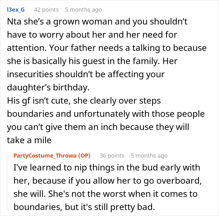 Screenshot of Reddit comments regarding a stepmom's K-Pop character costume attempts to hijack a kid's birthday party. Screenshot of Reddit comments regarding a stepmom's K-Pop character costume attempts to hijack a kid's birthday party.