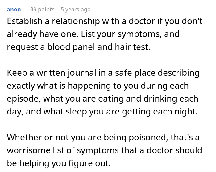 A Reddit comment advising a woman to see a doctor for tests if she suspects her future mother-in-law is poisoning her food. A Reddit comment advising a woman to see a doctor for tests if she suspects her future mother-in-law is poisoning her food.