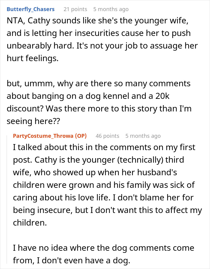 A Reddit screenshot showing comments about a stepmom dressing as a K-pop character for a kid's birthday party. A Reddit screenshot showing comments about a stepmom dressing as a K-pop character for a kid's birthday party.