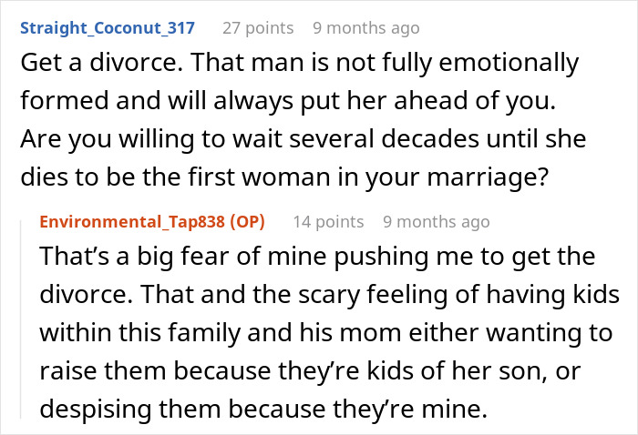 A Reddit comment suggesting divorce for a woman feeling like a third wheel in her marriage with her MIL as part of the problem. A Reddit comment suggesting divorce for a woman feeling like a third wheel in her marriage with her MIL as part of the problem.
