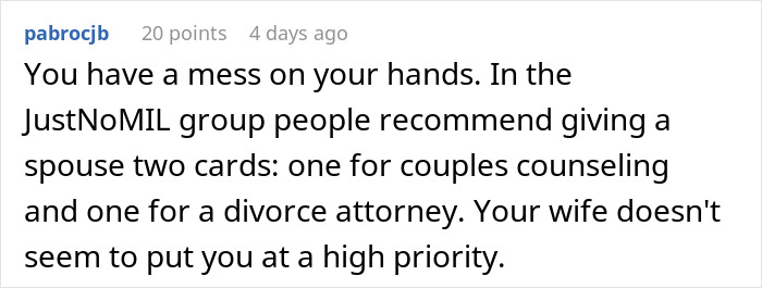 A comment recommending couples counseling or a divorce attorney, showing a man supporting his son and wife. A comment recommending couples counseling or a divorce attorney, showing a man supporting his son and wife.