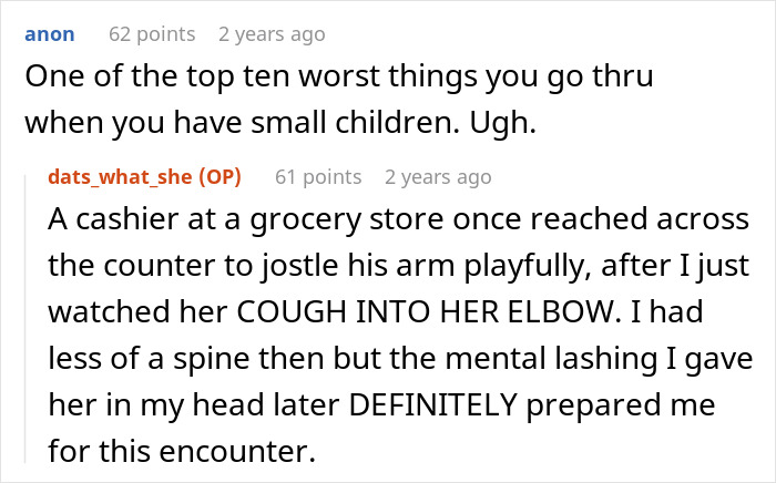 A boomer making xenophobic remarks; online comment about a cashier's unhygienic behavior after having small children. A boomer making xenophobic remarks; online comment about a cashier's unhygienic behavior after having small children.
