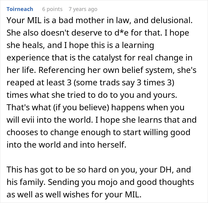 A screenshot of a Reddit comment discussing a crazy MIL witching around, highlighting the impact of her recent potion.