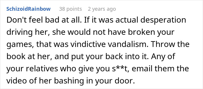 A comment about an aunt asking for money and property damage, calling it vindictive vandalism. A comment about an aunt asking for money and property damage, calling it vindictive vandalism.