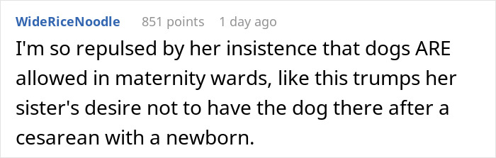 A comment from WideRiceNoodle expresses being repulsed by the sister's insistence about the service dog at the wedding.
