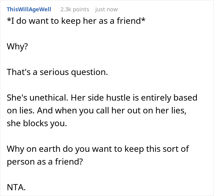A user comment asks why someone would remain friends with a travel influencer lying about solo trips and budget. A user comment asks why someone would remain friends with a travel influencer lying about solo trips and budget.
