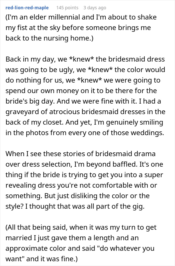 A comment discussing bridesmaid dress drama, reflecting on personal experiences with ugly dresses and compromise. A comment discussing bridesmaid dress drama, reflecting on personal experiences with ugly dresses and compromise.