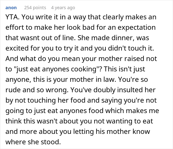 A social media comment calling out a woman who refuses to eat at her MIL's home and her mother-in-law's cooking.