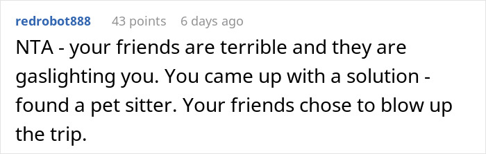 A Reddit comment about a guy not wanting his ex-wife staying in his home, calling friends terrible and gaslighting. A Reddit comment about a guy not wanting his ex-wife staying in his home, calling friends terrible and gaslighting.