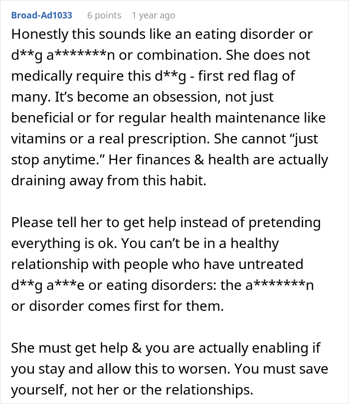 A Reddit comment discussing an eating disorder or a*******n from losing more than just weight.