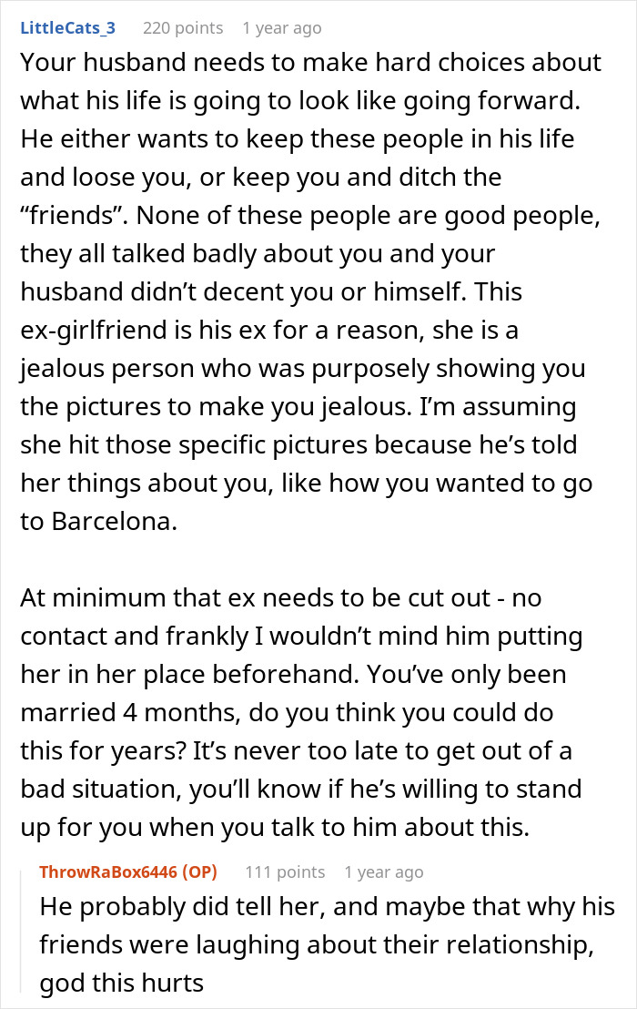 A screenshot of a Reddit comment section about a woman looking at her husband’s old pics with his ex. A screenshot of a Reddit comment section about a woman looking at her husband’s old pics with his ex.