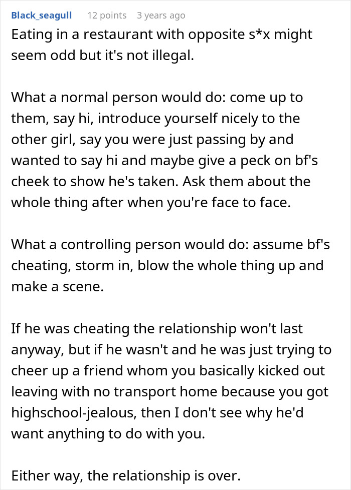 A screenshot showing a comment from user Black_seagull on an online post about a cheating ex, giving their take.