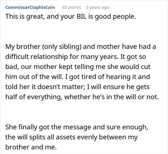 A user comment discussing ensuring a sibling receives inheritance, similar to a sister who has no clue about her dad's inheritance. A user comment discussing ensuring a sibling receives inheritance, similar to a sister who has no clue about her dad's inheritance.