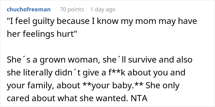Reddit comment about a mom's feelings hurt over travel plans, emphasizing her disregard for family needs.
