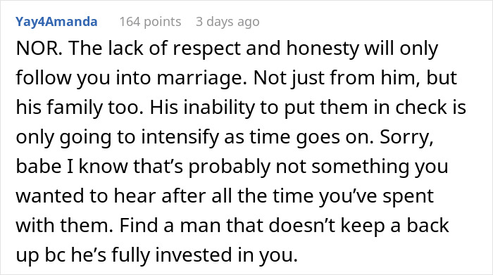 A screenshot of a Reddit comment urging a woman to rethink her engagement and leave a man with a backup plan.