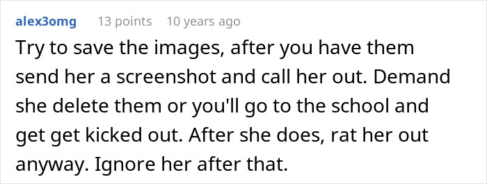 Online advice suggests saving images, sending a screenshot, demanding deletion, and reporting to the school to solve being used.