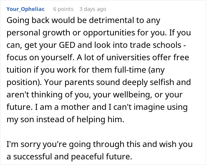 A comment from a mother sympathizing with a man whose parents ruined his childhood and advising against returning. A comment from a mother sympathizing with a man whose parents ruined his childhood and advising against returning.