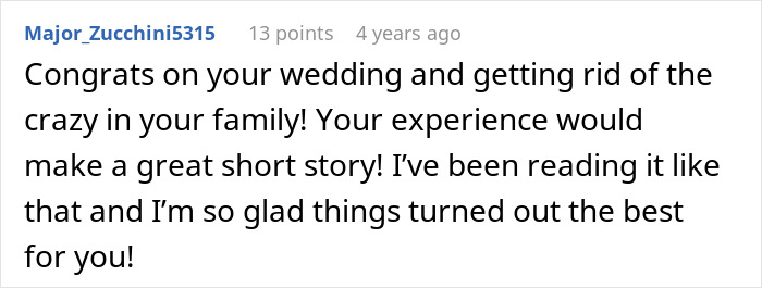 A Reddit comment by user Major_Zucchini5315, congratulating a person on their wedding and family drama.
