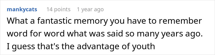 A Reddit comment section with a user remarking on the original poster's memory regarding the MIL and DIL story.