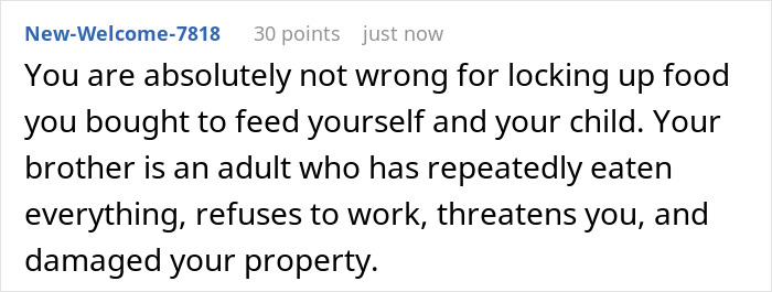 Online comment advising against moocher brother raiding food and bringing up CPS.