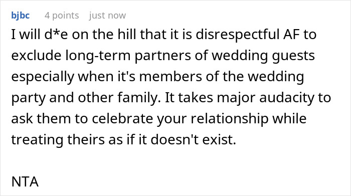 A Reddit comment argues it is disrespectful to exclude a bridesmaid's BF from the wedding guest list.