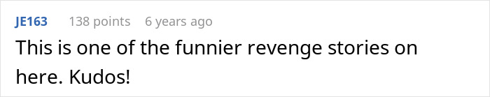 A Reddit comment praising the story as one of the funnier revenge stories, reflecting on the woman's fear experience.