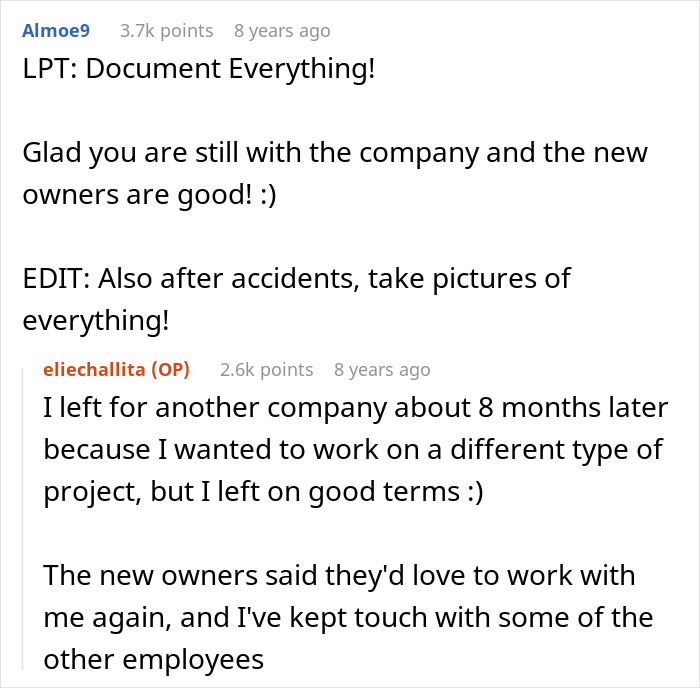 Screenshot of online comments discussing how a worker's proof of fraud helped new owners. Screenshot of online comments discussing how a worker's proof of fraud helped new owners.