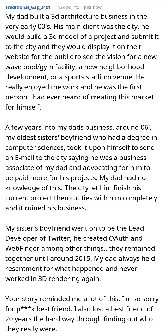 A screenshot of a Reddit post about a dad's business being copied by his daughter's boyfriend, who broke trust. A screenshot of a Reddit post about a dad's business being copied by his daughter's boyfriend, who broke trust.