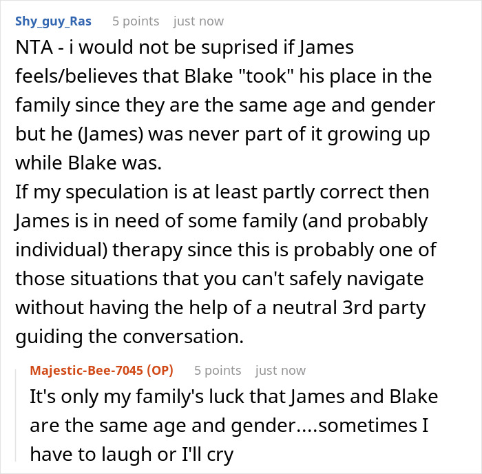 A screenshot of a Reddit comment section discussing a dad refusing to separate his sons by blood or adoption, and his newly found bio son taking it personally. A screenshot of a Reddit comment section discussing a dad refusing to separate his sons by blood or adoption, and his newly found bio son taking it personally.