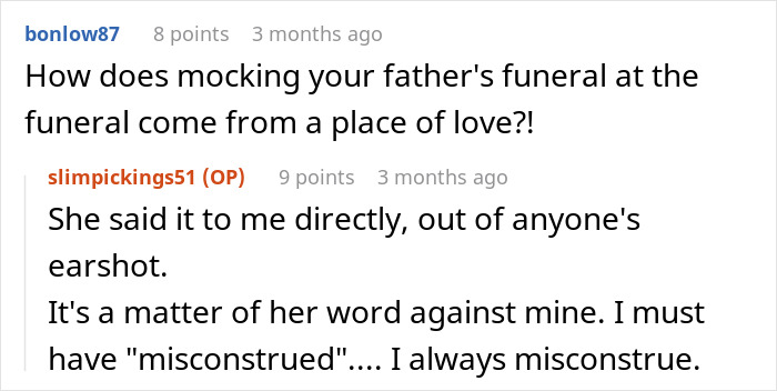 A screenshot of a reddit comment about a MIL mocking a father's funeral, highlighting pregnancy competition and lack of sympathy. A screenshot of a reddit comment about a MIL mocking a father's funeral, highlighting pregnancy competition and lack of sympathy.