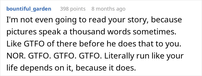 A comment from bountiful_garden urging the woman to leave the boyfriend before he does that to her, referring to the pan incident.