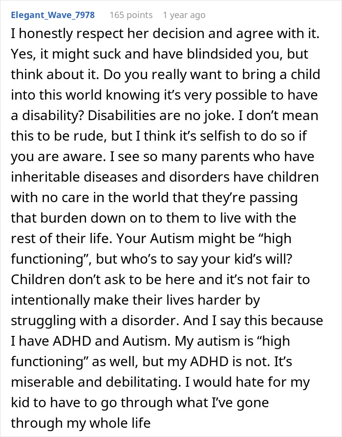 A social media comment supporting the wife's decision regarding having kids after an autism diagnosis. A social media comment supporting the wife's decision regarding having kids after an autism diagnosis.
