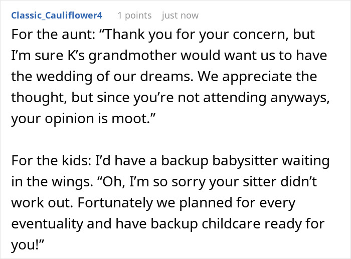 A screenshot of a Reddit comment providing script ideas for dealing with a MIL causing a family feud over a childfree wedding. A screenshot of a Reddit comment providing script ideas for dealing with a MIL causing a family feud over a childfree wedding.