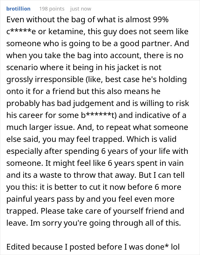 A screenshot showing comments from a post about a bride-to-be who found a bag of mystery powder in her fiancé's pocket. A screenshot showing comments from a post about a bride-to-be who found a bag of mystery powder in her fiancé's pocket.