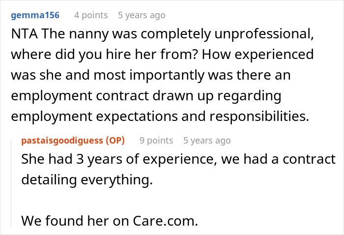 A screenshot of a Reddit comment discussion about a nanny violating boundaries, her experience, and the employment contract.