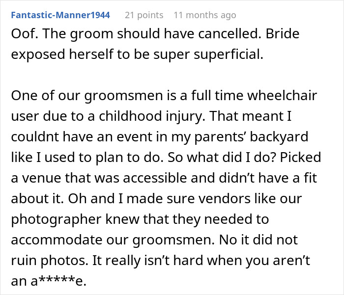 A Reddit comment criticizing a bride with twisted values for her superficial wedding request.