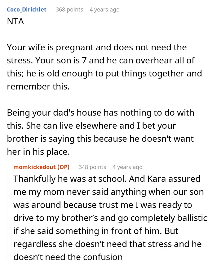 A forum comment stating NTA, advising the man against housing his mom due to wife's pregnancy and son's age.